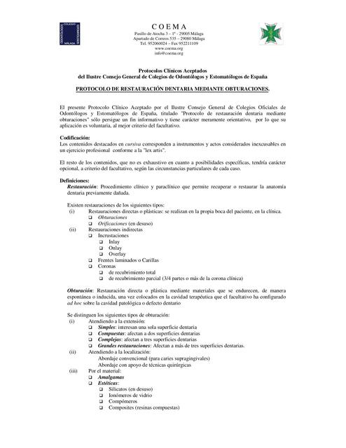 Protocolo de restauración dentaria mediante obturaciones