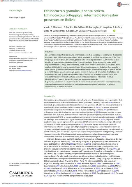 Echinococcus granulosus sensu stricto,  Echinococcus ortleppi;yE. intermedio (G7) están presentes en Bolivia