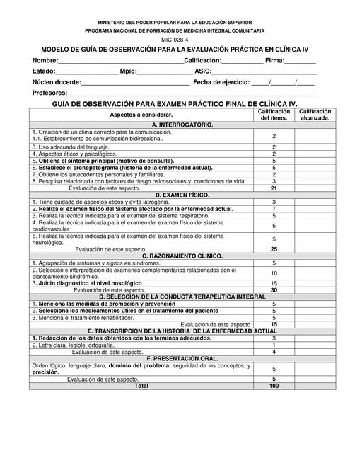 Modelo de Guía de Observación para la Evaluación Práctica en Clínica IV 