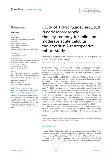 Utility of Tokyo Guidelines 2018in early laparoscopic cholecystectomy for mild and moderate acute calculus cholecystitis: A retrospective cohort study