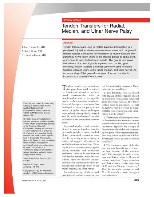 Tendon Transfers for Radial, Median, and Ulnar Nerve Palsy 