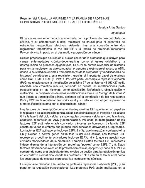 La Vía RB/E2F y la Familia de Proteínas Represoras POLYCOMB en el Desarrollo del Cáncer 