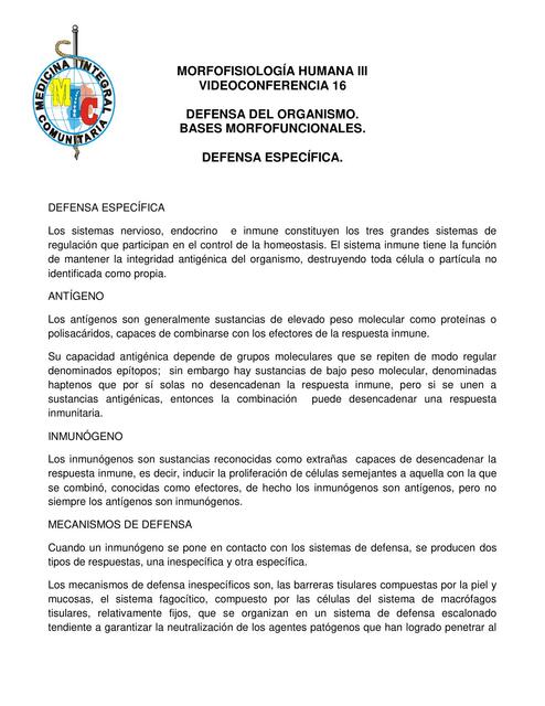 DEFENSA DEL ORGANISMO BASES MORFOFUNCION