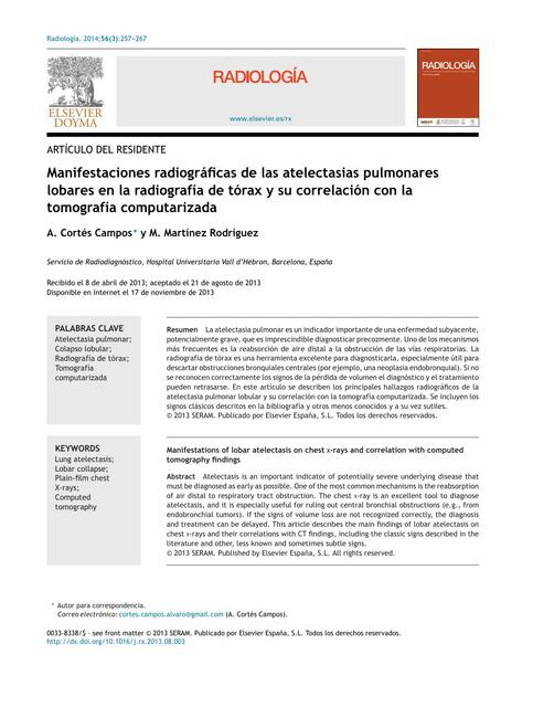 Manifestaciones radiográﬁcas de las atelectasias pulmonares lobares en la radiografía de tórax y su correlación con la tomografía computarizada