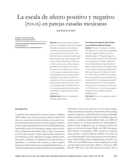 La escala de afecto positivo y negativo (p a n a s ) en parejas casadas mexicanas