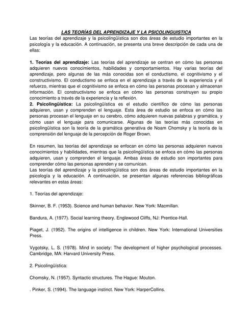 LAS TEORÍAS DEL APRENDIZAJE Y LA PSICOLINGUISTICA