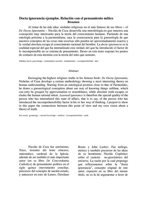 Docta ignorancia ejemplos. Relación con el pensamiento mítico