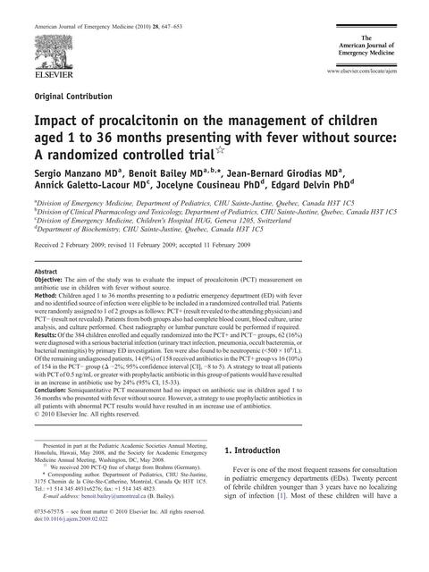 Impact of procalcitonin on the management of childrenaged 1 to 36 months presenting with fever without source:A randomized controlled trial