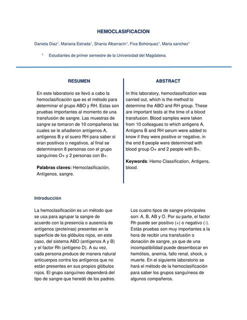 Informe de laboratorio Hemoclasificación