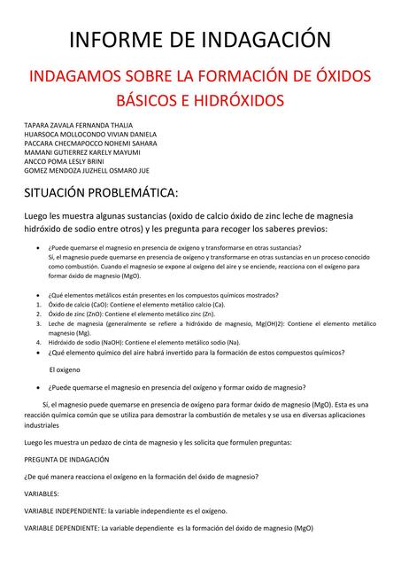 Formación de Óxidos Básicos e Hidróxidos 