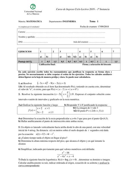 Examen De Matematica Ingreso Unlam Primera Instancia 19 Ejercicios Resueltos Guia De Ingreso Unam Udocz