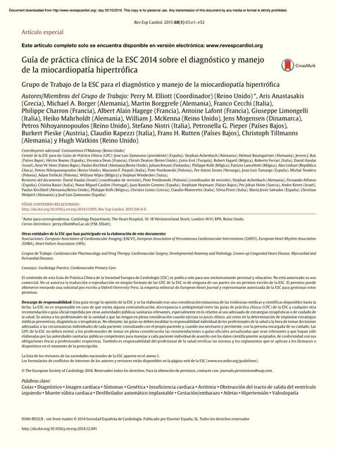 Guía de Práctica Clínica de la ESC 2014 sobre el Diagnóstico y Manejo de la Miocardiopatía Hipertrófica 