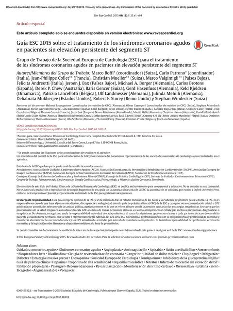 Guía ESC 2015 sobre el Tratamiento de los Síndromes Coronarios Agudos en Pacientes sin Elevación Persistente del Segmento ST 