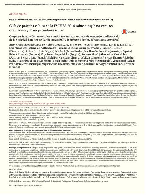 Guía de Práctica Clínica de la ESC/ESA 2014 sobre Cirugía No Cardiaca 