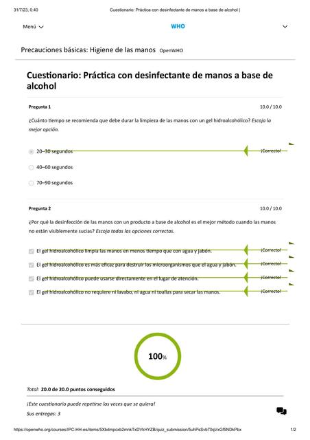 Cuestionario: Práctica con Desinfectante de Manos a Base de Alcohol 