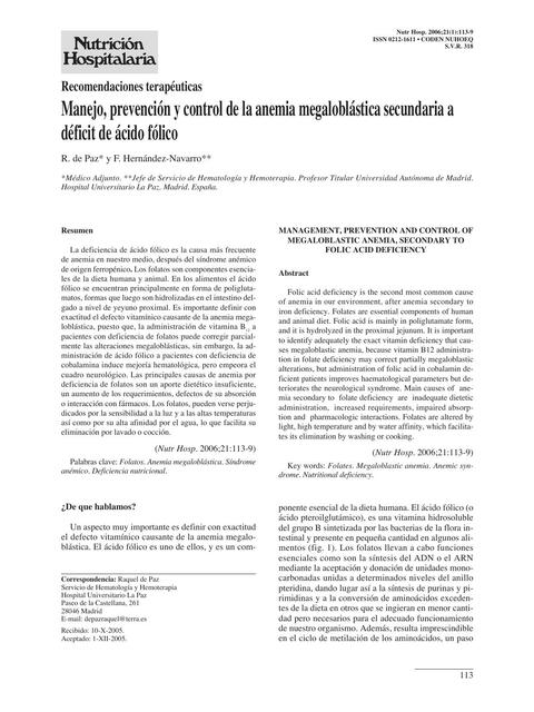 Manejo, Prevención y Control de la Anemia Megaloblástica Secundaria a Déficit de Ácido Fólico 