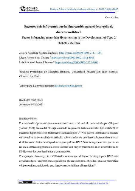 Factores más influyentes que la hipertensión para el desarrollo de diabetes mellitus 2 