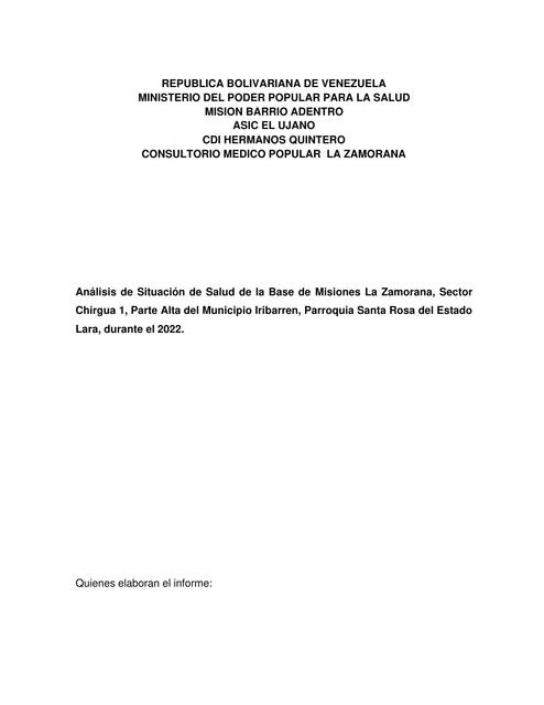 Análisis de Situación de Salud de la Base de Misiones La Zamorana