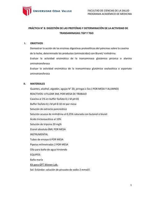 Digestión de las Proteínas y Determinación de la Actividad de Transaminasas: TGP y TGO 