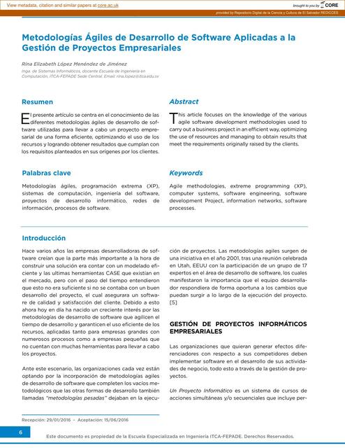 Metodologías Ágiles de Desarrollo de Software Aplicadas a la Gestión de Proyectos empresariales