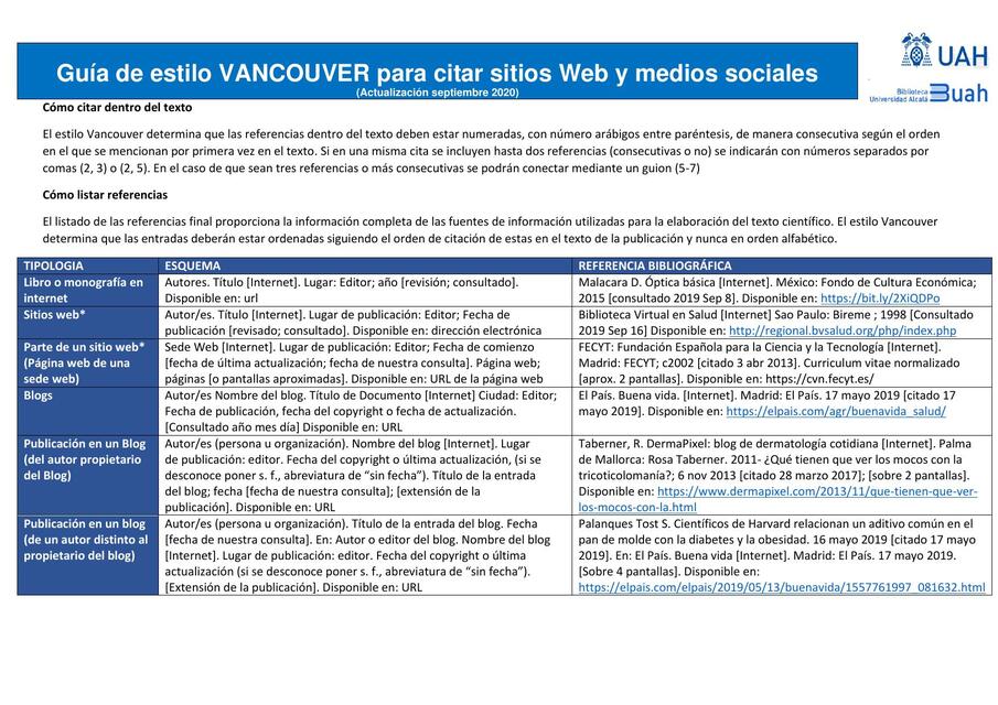 Guía de estilo VANCOUVER para citar sitios Web y medios sociales