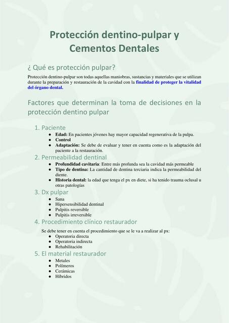 Protección dentino pulpar y cementos dentales