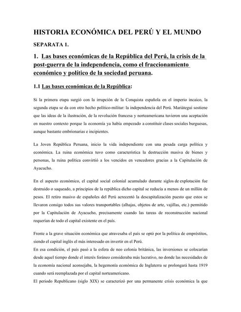 Las bases económicas de la República del Perú, la crisis de la post-guerra 