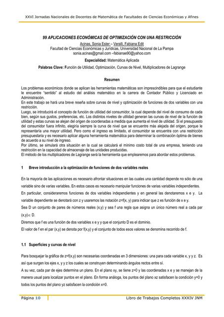 99 Aplicaciones Económicas de Optimización con una Restricción 