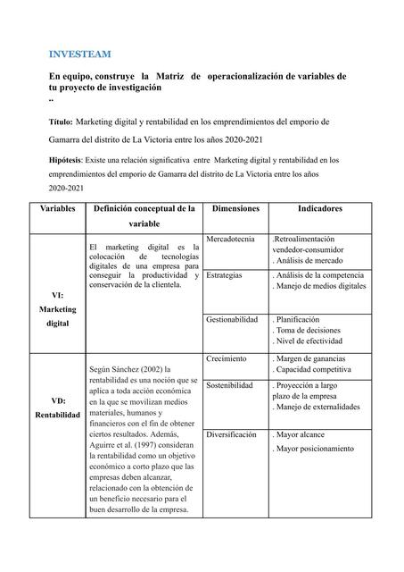 Matriz de operacionalización de variables de tu proyecto de investigaciòn