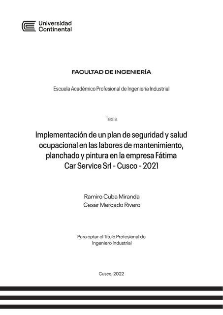 Implementación de un plan de seguridad y salud ocupacional en las labores de mantenimiento