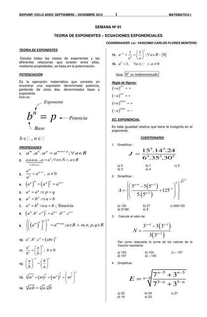 Teoría de Exponentes. Ecuaciones Exponenciales 