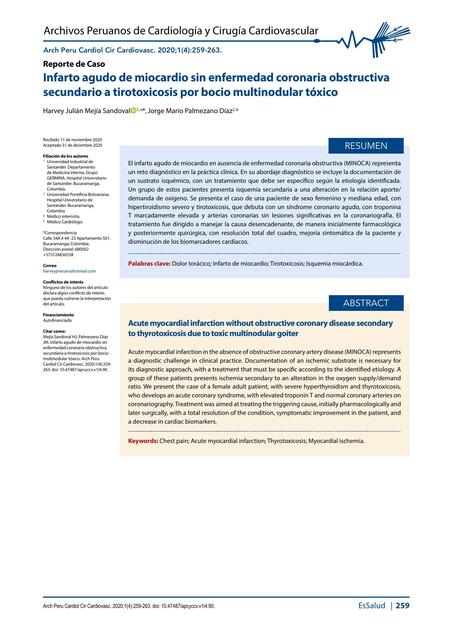 Infarto Agudo de Miocardio sin Enfermedad Coronaria Obstructiva Secundaria a Tirotoxicosis por Bocio Multinodular Tóxico 