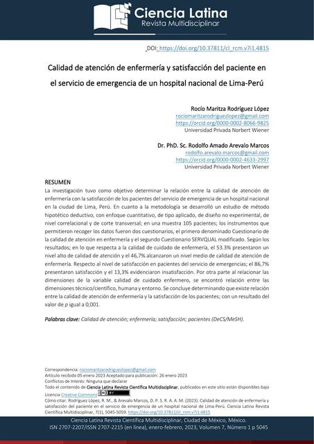 Calidad de Atención de Enfermería y Satisfacción del Paciente 