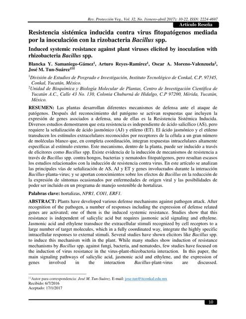 Resistencia Sistémica Inducida contra Virus Fitopatógenos Mediada por la Inoculación con la Rizobacteria Bacillus spp