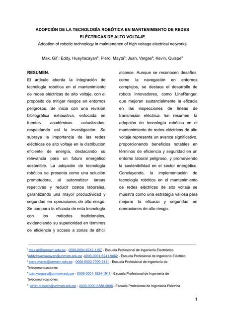 Adopción de la tecnología robótica en mantenimiento de redes eléctricas de alto voltaje 