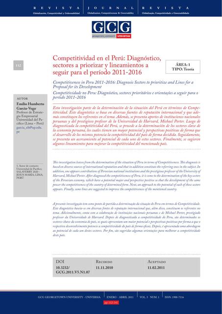 Competitividad en el Perú: Diagnóstico, sectores a priorizar y lineamientos a seguir para el período 2011-2016