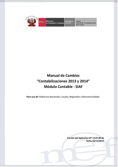 Manual de Cambios “Contabilizaciones 2013 y 2014”  Módulo Contable - SIAF 