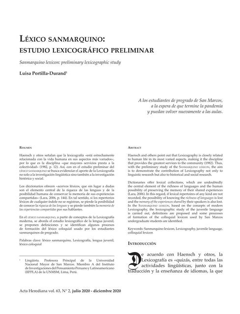 Léxico sanmarquino:  estudio Lexicográfico preliminar 