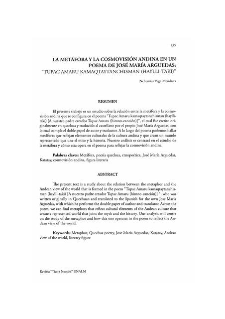 La metáfora y la cosmovisión andina en un poema de José María Arguedas 