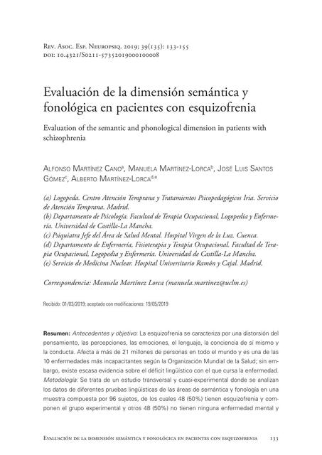 Evaluación de la dimensión semántica y  fonológica en pacientes con esquizofrenia