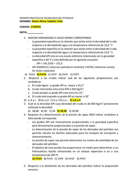 Examen Práctico de Tecnología del Petróleo 