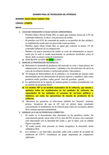 Examen Final de Tecnología del Petróleo 