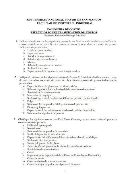 Ejercicios sobre clasificación de costos