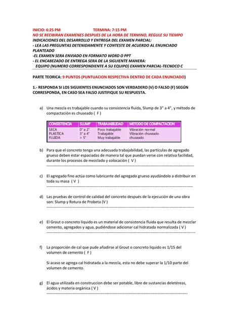 Examen parcial Tecnología del concreto