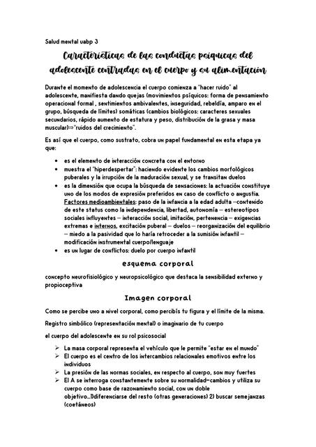 Características de las conductas psíquicas del adolescente centradas en el cuerpo y su alimentación