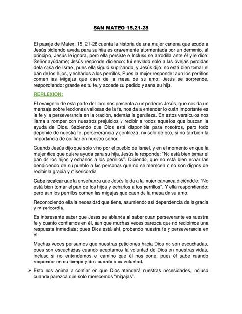 Analisis y reflexion- del libro San Mateo 15, 21-28