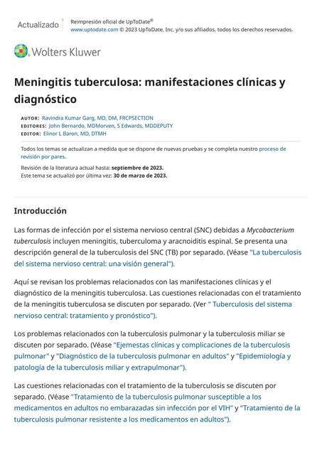 Meningitis tuberculosa: manifestaciones clínicas y diagnóstico 