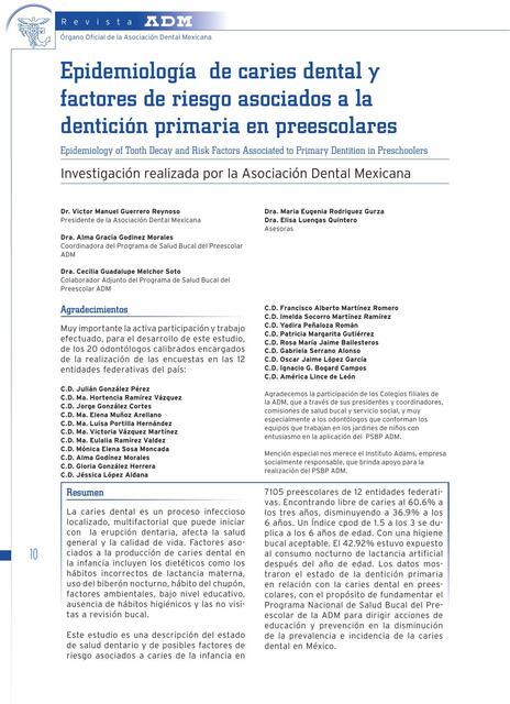 Epidemiología De Caries Dental Y Factores De Riesgo Asociados A La