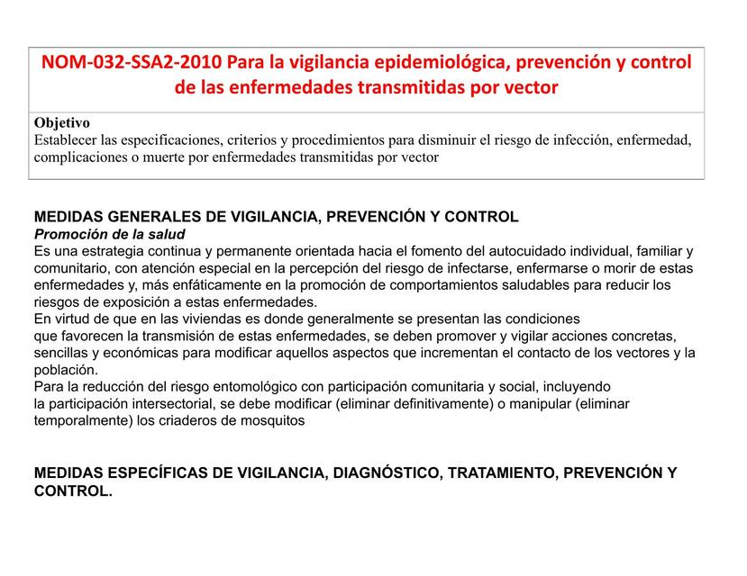 NOM 032 SSA2 Para la vigilancia epidemiológica, prevención y control de las enfermedades transmitidas por vector 