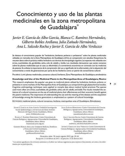 Conocimiento y uso de las plantas medicinales en la zona metropolitana de Guadalajara 